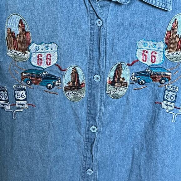 Vintage Route 66 Cotton Embroidered Short Sleeve Denim Shirt Size L - Picture 3 of 7